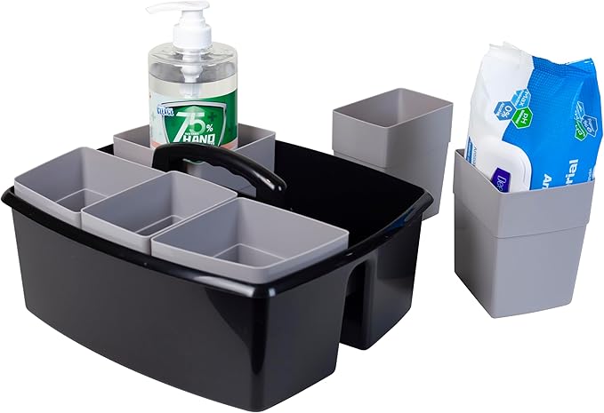 Storex 2-Compartment Large Cleaning Caddy – Multipurpose Supply Organizer with Handle, Black, 1-Pack (00973C06C)