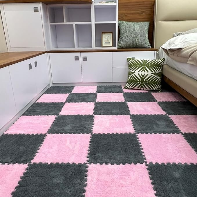 12Pcs Interlocking Carpet Tiles,12"x 12" Plush Interlocking Foam Carpet Tiles with Border,Fluffy Play Mat Floor Tiles Thick Padded Squares Foam Tiles for Playroom Decor (Pink+Grey)