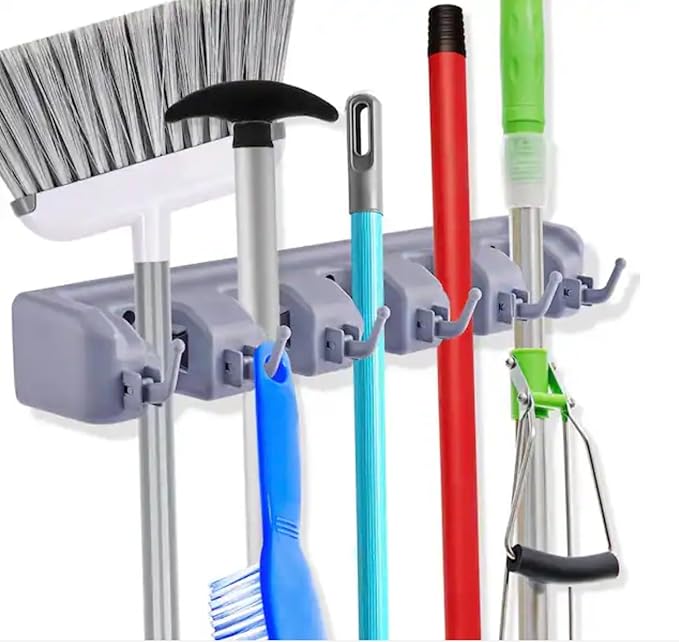 Wall Mounted Broom and Mop Holder, 16 Inch Plastic Organizer, 6 Foldable Hooks, 5 Secure Slots, Holds 11 Cleaning Items for Garage and Home, Gray. (1)