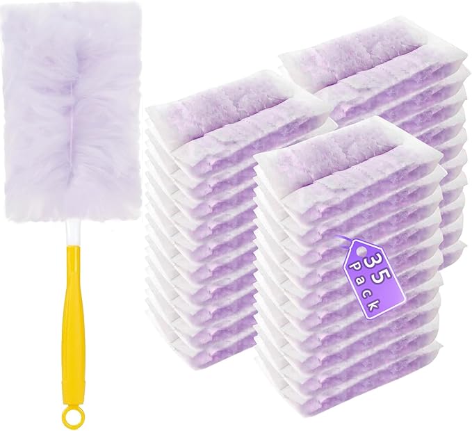 Duster Refills Compatible with Swiffer Duster, Heavy Duty Multi Surface Duster Replacement with 1 Extra Handle for Cleaning Furniture, Blinds, Ceiling Fans and Car (Purple- 35 Pack)