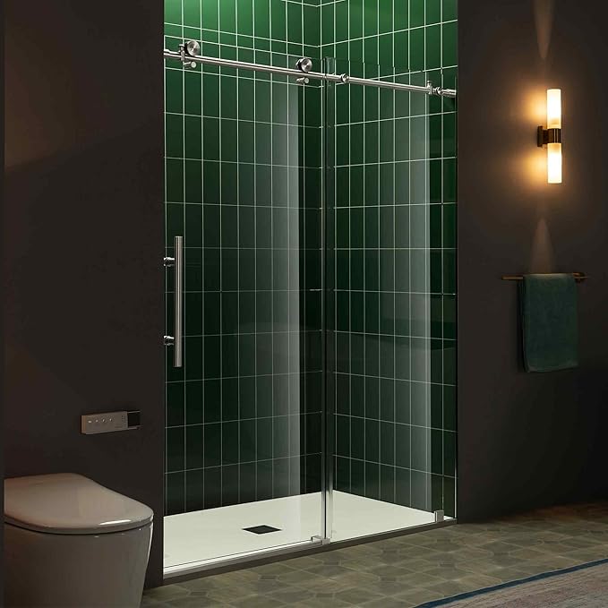Woodbridge 56-60" W x 80" H Frameless Single Sliding Shower Door with Tempered Glass & Explosion Proof Film in Brushed Nickel Finish