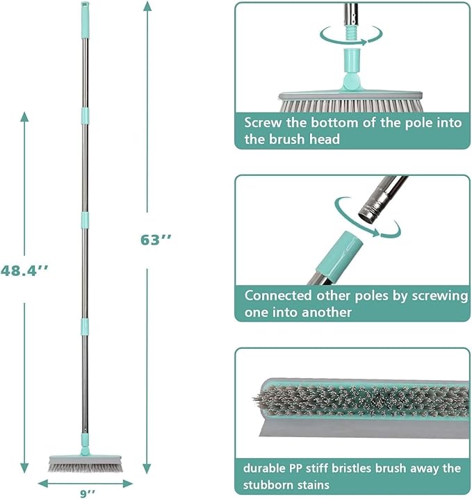 Pool Brush V-Shape Brush with 63" Adjustable Long Handle,Shower Swimming Pool Brush for Glass Doors,Bathroom,Kitchen,Tile,Marble Floors,Deck,Hallways