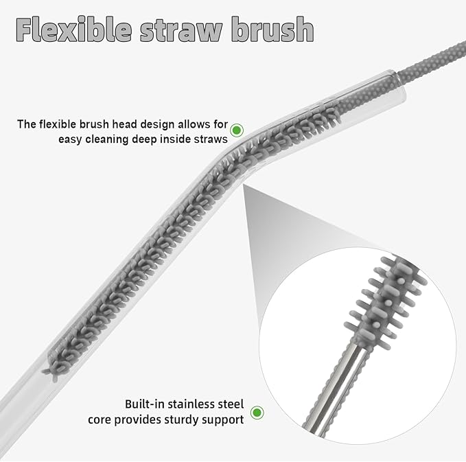 Silicone Straw Cleaner Brush, 4-Piece Reusable Straw Brush Set with Extra-Long Design for Cleaning Thin Metal Straws and Wider Milkshake Straws （6mm+9mm Gray)