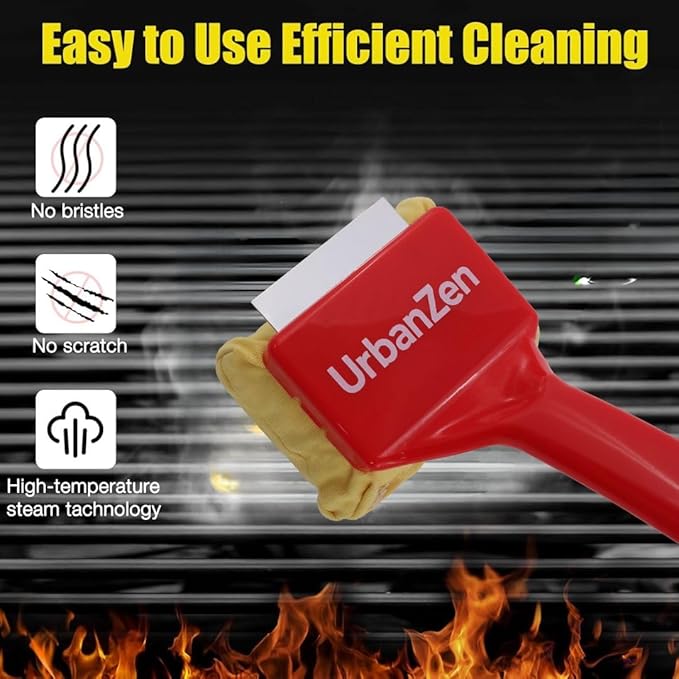 UrbanZen BBQ Grill Cleaner Brush, Steam Grill Brush for Outdoor Grilling with Replacement Scrub Sponge + Superior Scraper, No Wire Bristle (Grill Brush)