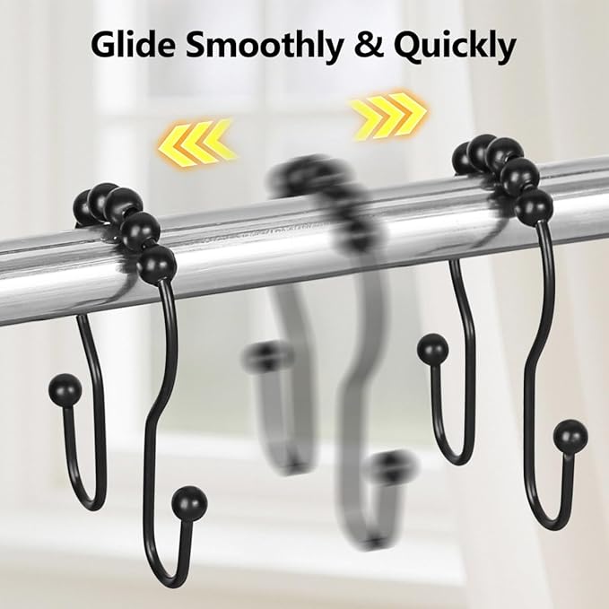 Shower Curtain Hooks, Sturdy Metal Black Shower Curtain Rings, Glide Roller Double Shower Hooks, Rust Proof Anti-Drop Curtain Hooks, 12 Pcs Smooth Sliding Rings for Bathroom Shower Rods Curtains
