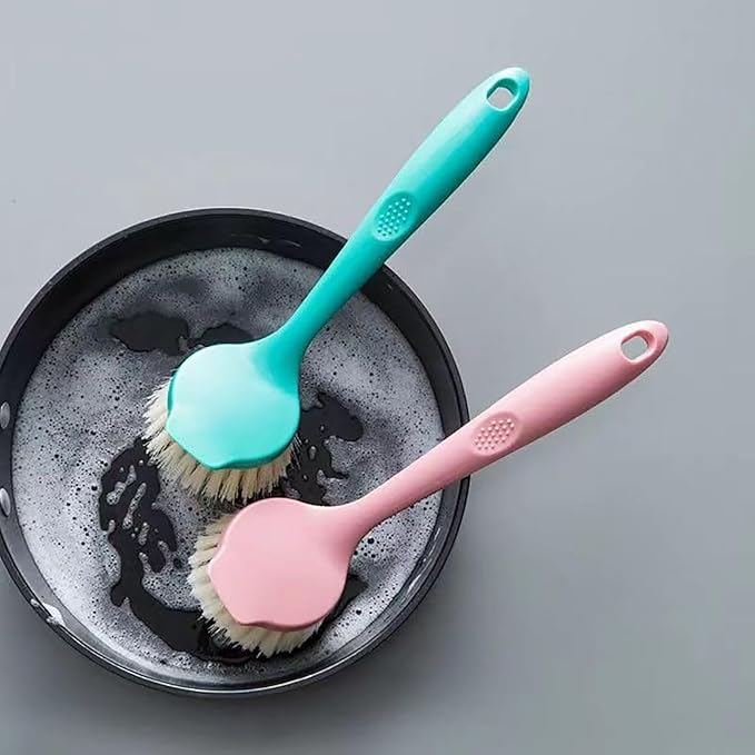 2 Pack Kitchen Dish Brush with Handle – Long Handle Scrubber with Tough Bristles, Pink