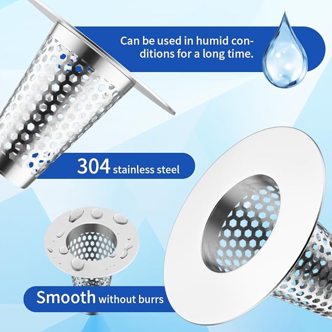 2Pack Bathroom Sink Drain Strainer, Reusable Sink Strainer Bath Tub Hair Catcher, Stainless Steel Cone Shaped Floor Drain Replacement Fit Hole Size 1.2"-1.6"