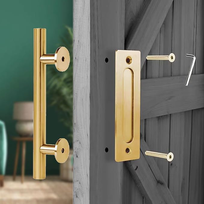Rio Salto Brushed Gold Barn Door Hardware Set – Inc. Sliding Barn Door Rollers, Floor Guide Wall Mount, 12" Hand Pull Handle – Fits 1 3/8" & 1 3/4" Door Panels Supports 170 lbs – Track Not Included