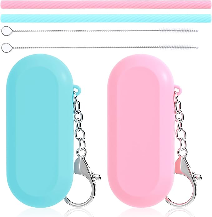 2 Set Travel Straws Reusable with Case, Portable Straw for Hot & Cold Drinks, Foldable Silicone Straws with Cleaning Brush & Keychain (Pink, Blue)