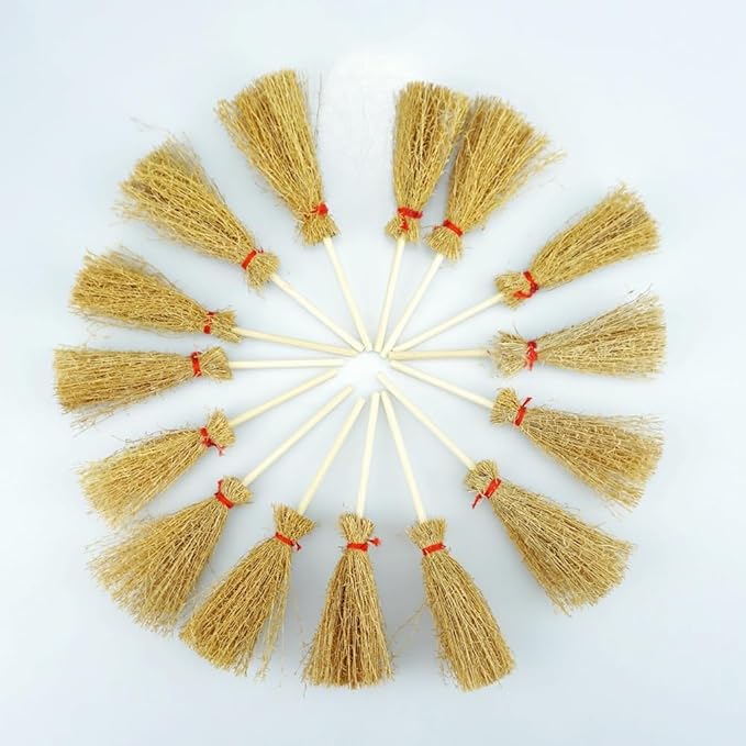 15 PCS Mini Straw Brooms Artificial Miniature Craft Witch Broom with Red Ropes for Hanging Halloween Party Decorative Accessory