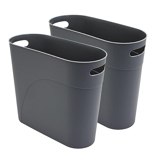 2 Pack 3.2 Gallon Plastic Trash Cans for Bathroom, Small Waste Bins with Handles, Compact Garbage Containers for Narrow Spaces, Recycle Wastebaskets for Office, Kitchen, Bedroom, Living Room (Gray)