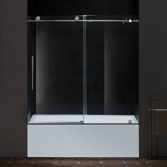 Woodbridge Frameless Single Sliding Shower Doors in Brushed Nickel Finish, 57.5-60" Width x 62" Height with 3/8"(10mm) Clear Tempered Glass, Soft Close System and Explosion-Proof Film, BSDC6062-B