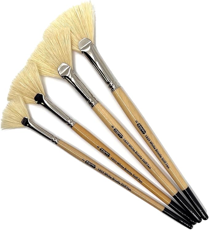 ZEM Brush White Hog Bristle Stiff Fan Brush Set Size 2,4,6,8