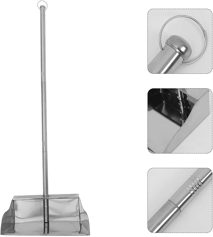 Stainless Steel Dustpan with Long Handle Upright Garbage Shovel Heavy Duty Large Size for Home and Garage Cleaning Indoor Outdoor Use