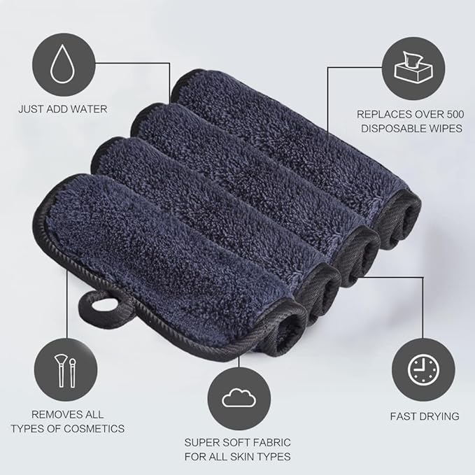 Makeup Remover Cloths for Face, Eye, Lips - Reusable Face Cleansing Cloth Microfiber Makeup Remover Pads 5 x 5 inch 12 Pack (Black)