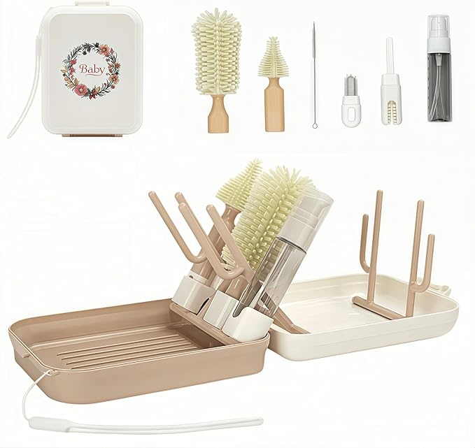 8-in-1 Baby Bottle Brush Set, Silicone Baby Bottle Cleaning Kit with Drying Rack, Portable Travel Brush & Accessories for Home and Travel (Pink)