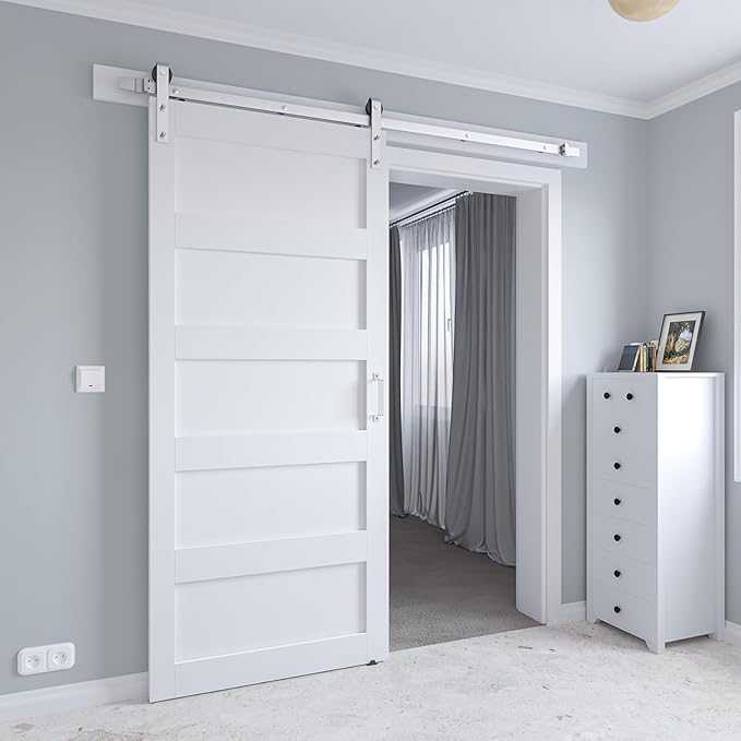 36in x 96in White Sliding Barn Door with 6.6ft Brushed Nickel Barn Door Hardware Kit & Handle, 5-Panel, Pre-Drilled Holes Easy Assembly, Water-Proof PVC Surface