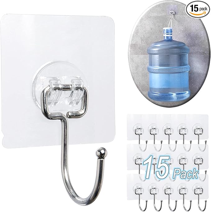 15 pack Large Adhesive Wall Hooks, Damage-Free Waterproof Rustproof 33Ib Max Heavy Duty Hanging Clear Seamless Sticky Utility Hooks, Towel Coat Hangers for Home, Kitchen, Bathroom (Round Head)