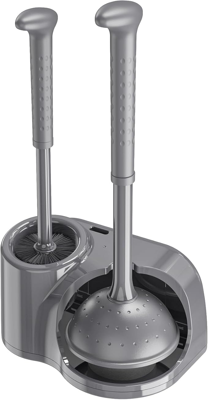 Toilet Brush and Plunger Set: 2-in-1 Heavy Duty Toilet Plunger and Bowl Brush Combo with Holder for Bathroom Cleaning - Grey