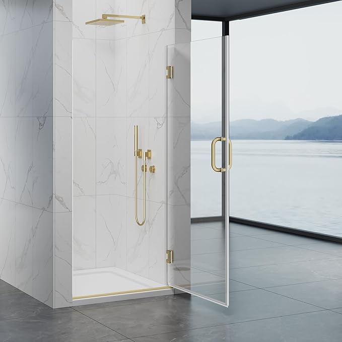Hinged Shower Door, 32" W x 76" H Single Swing Pivot Framelss Shower Door, 3/8" (10mm) Tempered Glass with Nano Coating, Stainless Handle, Glass Door for Walk-in Shower - Brushed Gold
