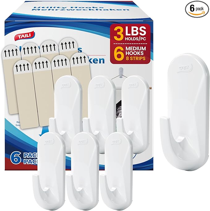 TAILI Hooks for Hanging,6 Plastic Sticky Hooks and 8 Adhesive Strips, White Utility Hooks for Painted Wall, No Damage Heavy Duty Holds up to 3 lb, Removable & Reusable for Door, Dorm, Clothes, Closet