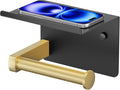 Toilet Paper Holder with Shelf, Adhesive or Screw Wall Mount Toilet Paper Roll Holder for Bathroom, Rustproof 304 Toilet Roll Tissue Holder Dispenser with Phone Shelf (1, Matte Black & Brushed Gold)