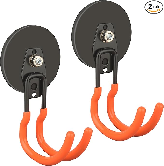 ULIBERMAGNET New Upgraded Ultra-Strong Magnetic Hooks,2 Pack Heavy Duty Ultimate Magnetic Hooks with 40LB Hold for Extension Cord, Hose, Rope, D-Handle Tools, Garden Tools (Orange/3.46inch)