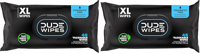 DUDE Wipes, 48 Count, 2 Pack | Flushable | Unscented | Extra-Large | Vitamin-E & Aloe