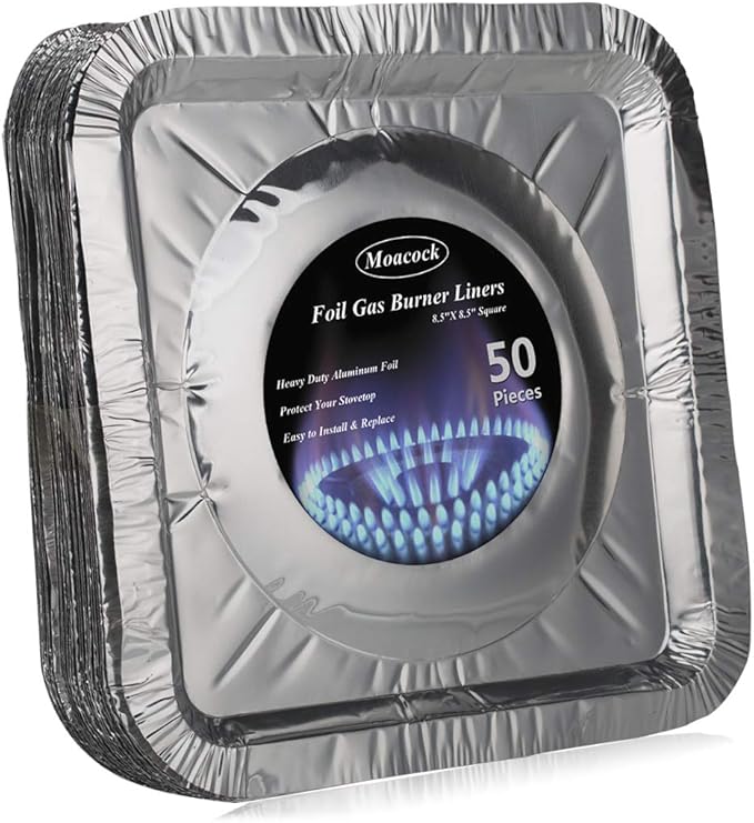 50 Pack Aluminum Foil Square Stove Burner Covers Disposable Heavy Thick Quality Bib Liners Drip Pans Gas Range Top Protectors 8.5”