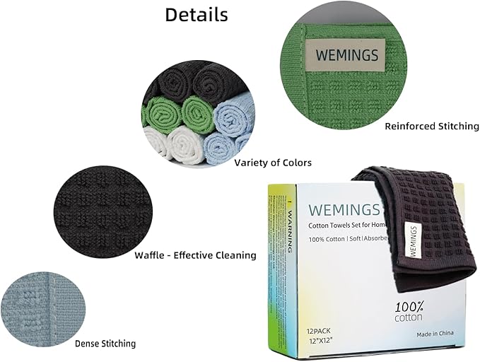 Cotton Dishcloths Set for Home and Kitchen Cleaning- 12x12 Inches Pack of 12- Dish Cloths,Dish Towels,Dish Rags - with Hanging Loop - 100% Cotton,Soft,Absorbent (White, 12)