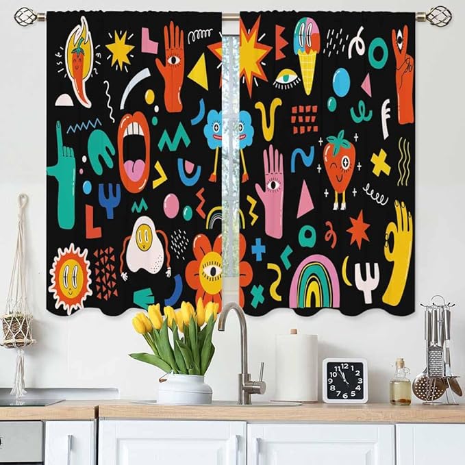 Cartoon Retro Symbol Kitchen Curtains Funny Crazy Abstract Shapes Hipster Music Modern Humor Short Tier Curtains for Bathroom Cafe Small Window Drapes Treatment 2 Panels (27.5x39 Inch)