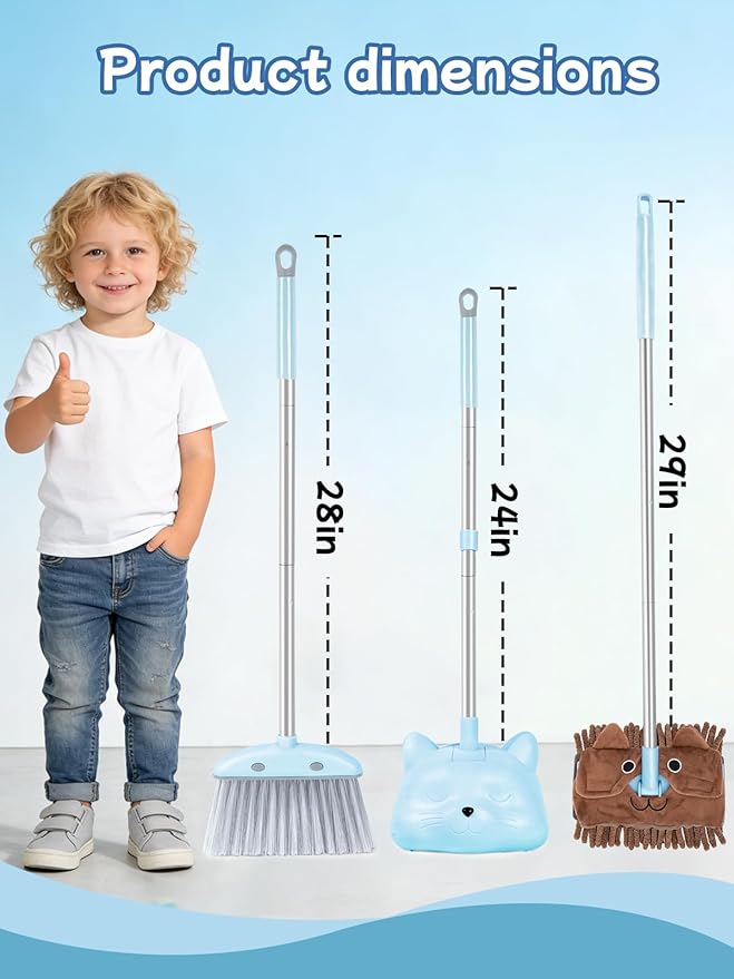 Kids Cleaning Toy 3-Piece Set - Broom, Dustpan & Mop | 28-Inch Mini Broom, Toddler Household Helper, Perfect Tool for Cleaning Tiny Corners, Adorable Cartoon Style (Blue)