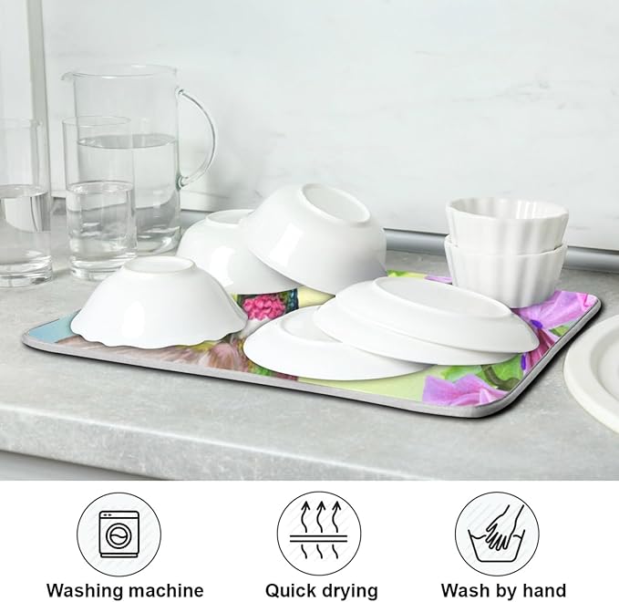 Tarity Hummingbird Flowers Dish Drying Mat for Kitchen Counter Absorbent Heat Resistant Microfiber Dishes Drainer Mat 18x24 in Large Dish Pad Sink Mat Protective Pad Kitchen Decor