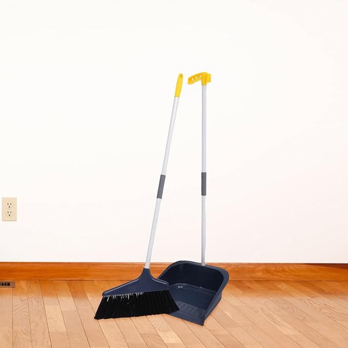 Stand Up Dustpan and Broom Set - Long Handle Broom with Upright Standing Dust Pan - Angled for Indoor Outdoor Home Kitchen Office Floor Cleaning (Blue)