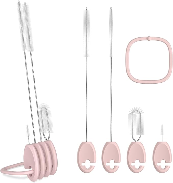 4in1 Straw Cleaner Brush Set, Standing Cleaning Brush Set Includes 7mm &10mm Straw Brushes, Cup Lid Brush, Crevice Brush, for Wide and Narrow Straws, Water Bottles, Cups and Lids, Pink