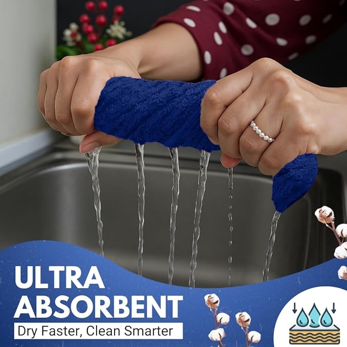 Infinitee Xclusives Premium Kitchen Towels – Pack of 3, 100% Cotton |15 x 25| Inches Absorbent Dish Towels - Terry Kitchen Dishcloth Towels - Blue Dish Cloth for Household Cleaning