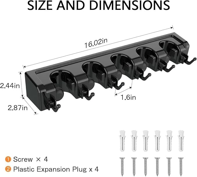Wall Mount Broom and Mop Holder, Heavy Duty Long Handle Garden Tool Organizer with Hooks & Slots, Garage Storage Wall Hanger for Shovel, Rake, Kitchen, Laundry & Shed