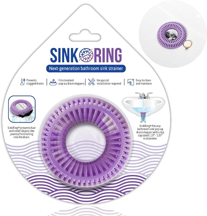 Bathroom Sink Hair Catcher for Pop-Up Drain – SinkRing 1.57" Precision Strainer for Bathroom Sink Drains | Clog-Free Hair Trap for Contacts, Earrings, Jewelry | No Suction or Screws – Violet