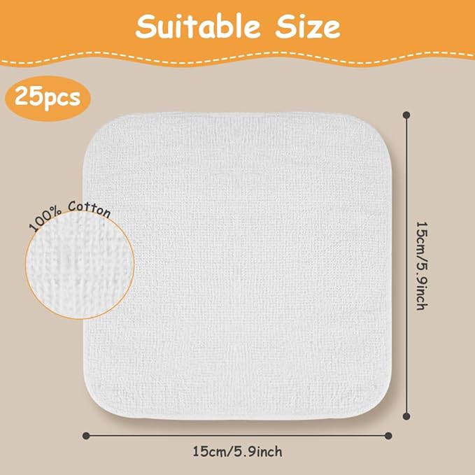 AOMIG Reuseable Cleaning Cloths 25PCS Washable Cotton White Cleaning Rags 15x15cm Reusable Soft Lint Free Cloth Multipurpose Terry Cloth Rags Dusting Cloths Terry Towels