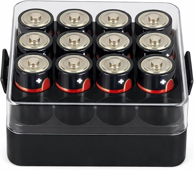 ALCYON Battery Organizer Storage Case, Battery Vault Box Container for 16pcs C Batteries, Plastic Clear Protective Battery Holder for Travelling/Home/Office (Black, Medium)