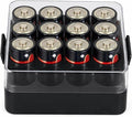 ALCYON Battery Organizer Storage Case, Battery Vault Box Container for 16pcs C Batteries, Plastic Clear Protective Battery Holder for Travelling/Home/Office (Black, Medium)