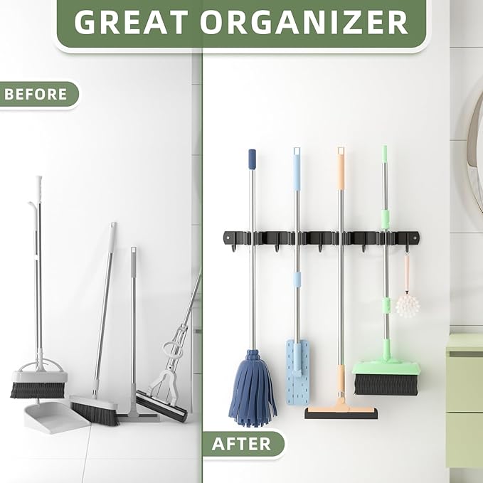 Batur 2 Pack Broom Holder Wall Mount, Upgraded Heavy Duty Mop and Broom Holder Wall Mount, Super Anti-Slip 4 Racks 5 Hooks Broom Hanger Organizer for Home Kitchen Garden Laundry Garage