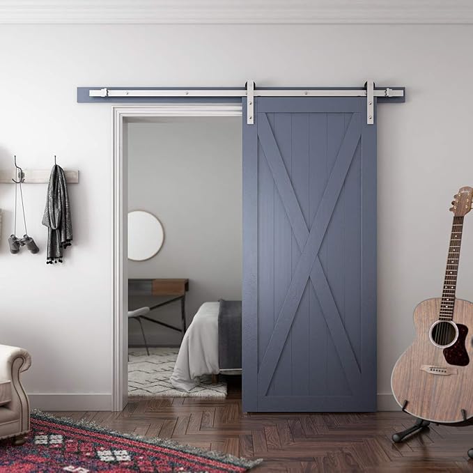 SMARTSTANDARD 6.6 Feet Brushed Nickel Sliding Barn Hardware Kit-Sturdy Silvery Track-Smoothly and Quietly-Simple and Easy to Install-Fit 36"-40" Wide Door Panel (I Shape Hanger)