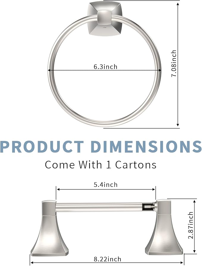 Bathroom Hardware Set 2 Pieces Toilet Paper Holder and Towel Ring Wall Mounted Stainless Steel and Zinc Alloy Brushed Nickel