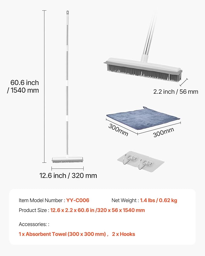 VEVOR Pet Hair Removal Broom, 58.46 in Adjustable Long Handle, Rubber Broom with Built in Squeegee Reusable Dog Cat Hair Remover, for Couch Furniture Hardwood Floor Tile