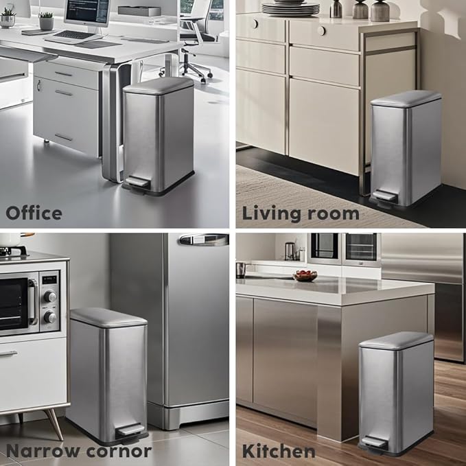 8 Gallon Trash Can with Lid, Stainless Steel Bathroom Garbage Can with Removal Inner Bucket, Soft Close Lid, Step on Trash Bin for Kitchen, Office, Laundry, 30 Liter Capacity, Kohler Grey