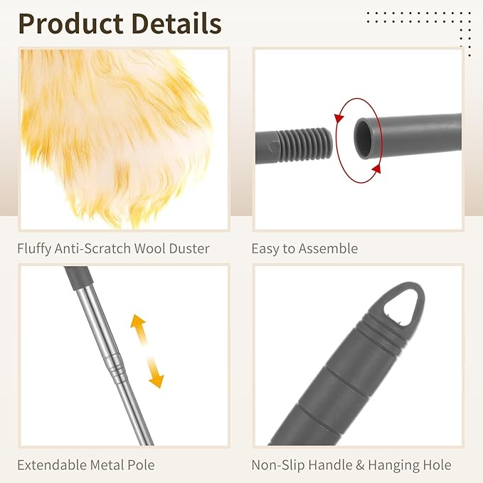 Lambswool Duster with 2 Replacements, Extends to 53 in, Anti-Scratch, Electrostatic, for Ceiling Fans, Furniture, Crafts