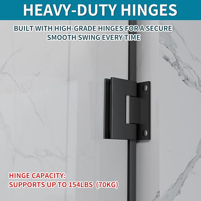 Framelss Hinged Shower Door, 34" W x 76" H Single Swing Pivot Shower Door, 3/8" (10mm) Tempered Glass with Nano Coating, Stainless Handle, Glass Door for Walk-in Shower - Matte Black