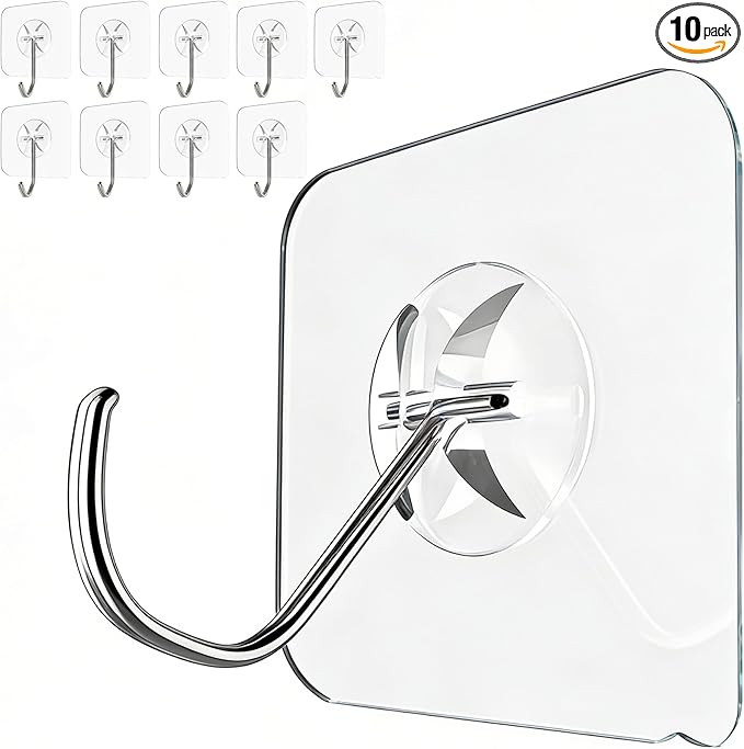 Heavy Duty Adhesive Hooks 10-Pack: Holds 22lb, Strong Reusable & Waterproof Wall Hooks for Kitchen, Bathroom, Office - No Drilling, No Residue