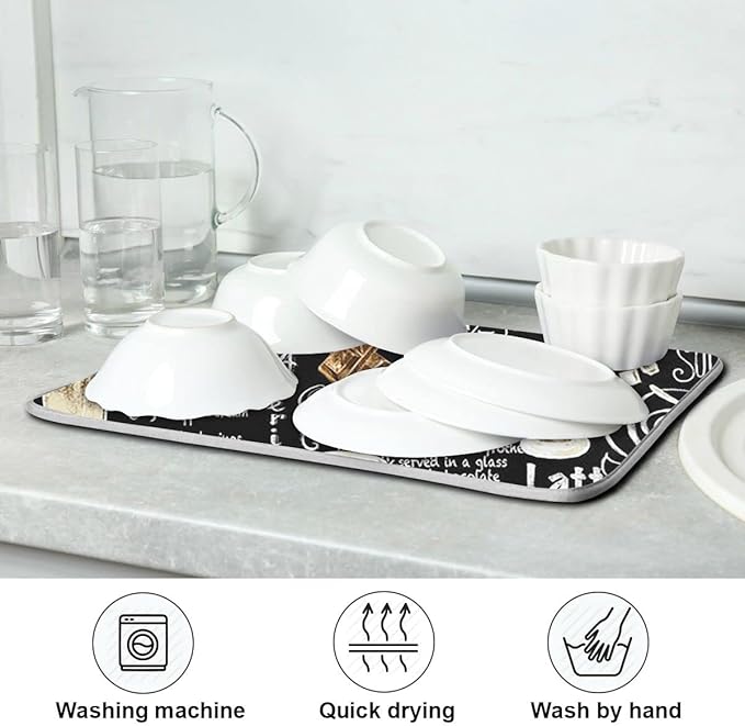 Coffee Black Dish Drying Mat for Kitchen Coffee Beans Maker Cappuccino Latte Chocolate Microfiber Drying Mats Absorbent Reversible Dish Pad Medium Dish Draining Mat 16x18 inch